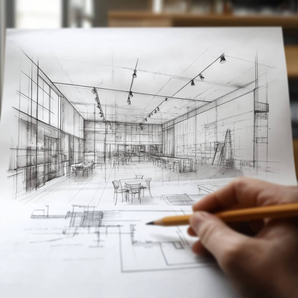 architect working on blueprints Une personne dessine un croquis d'une pièce, illustrant le travail d'un architecte DPLG.